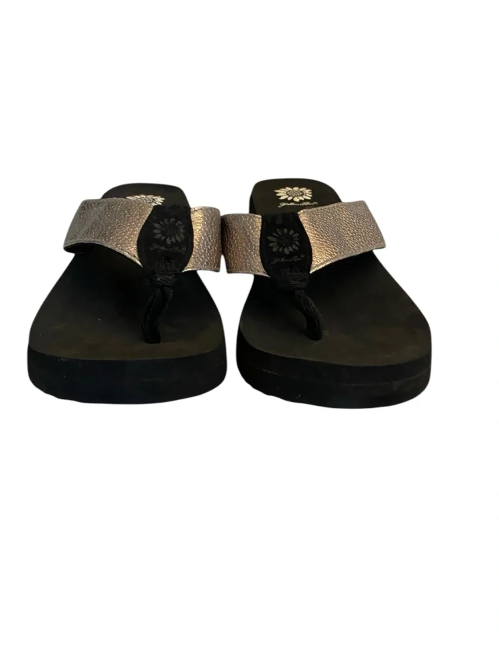 Y2K 90s Yellow Box flip flops silver metallic  pebbled straps platform Thongs - Picture 4 of 11